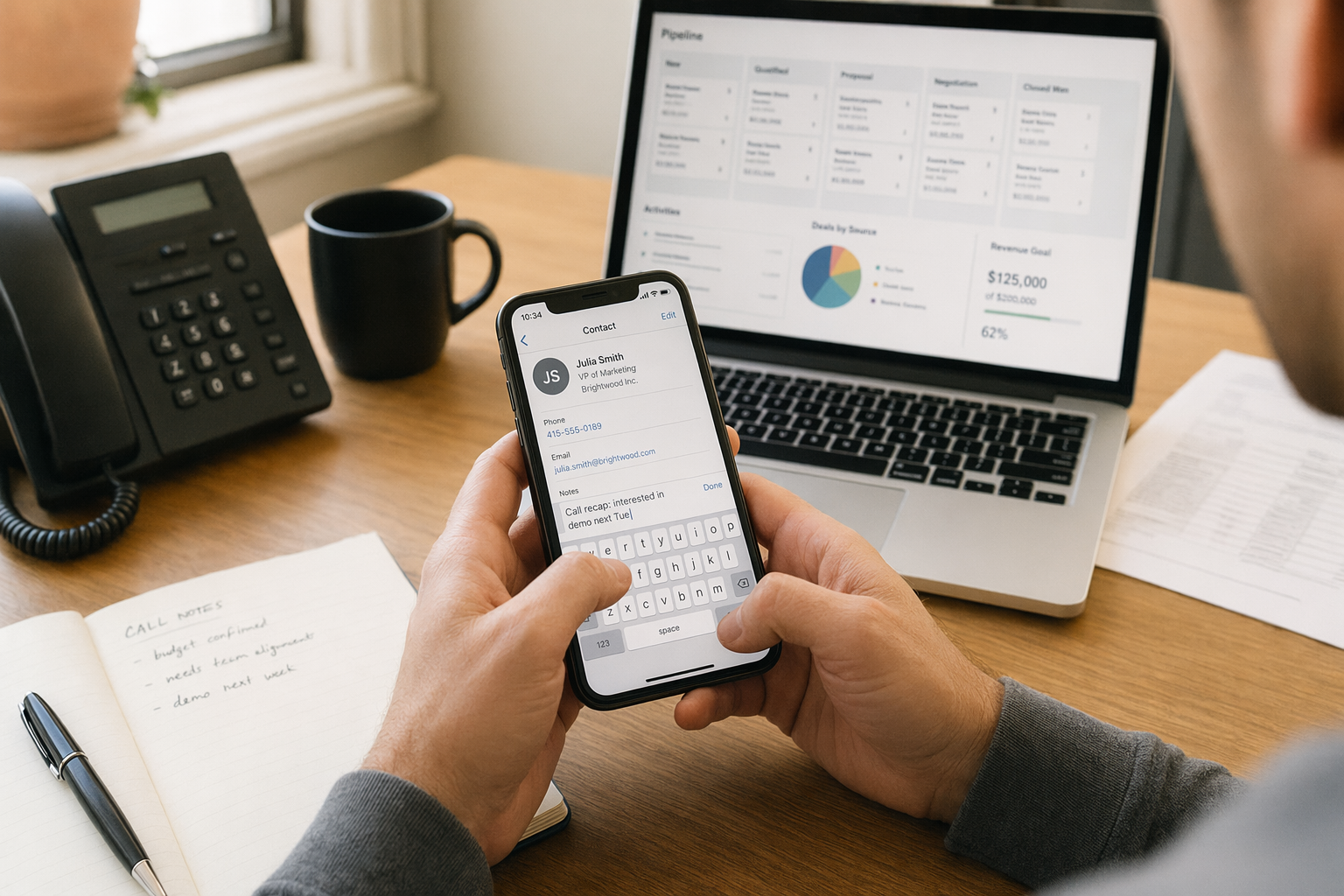 Sales rep at a small office desk logging a quick CRM note on their phone immediately after a client call, with a laptop and coffee mug visible nearby.