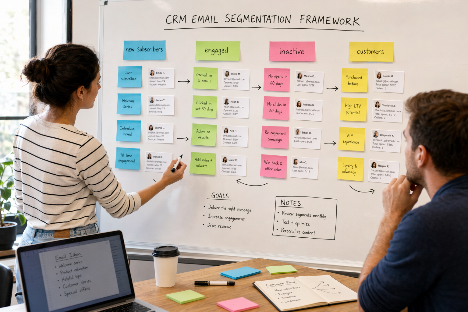 Whiteboard segmentation workshop showing four practical CRM email groups built from sticky notes and contact cards.