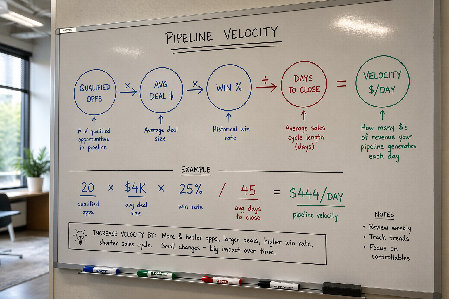 Pipeline velocity formula diagram showing four inputs — opportunities, deal size, win rate, and cycle length — flowing into a daily dollar output.