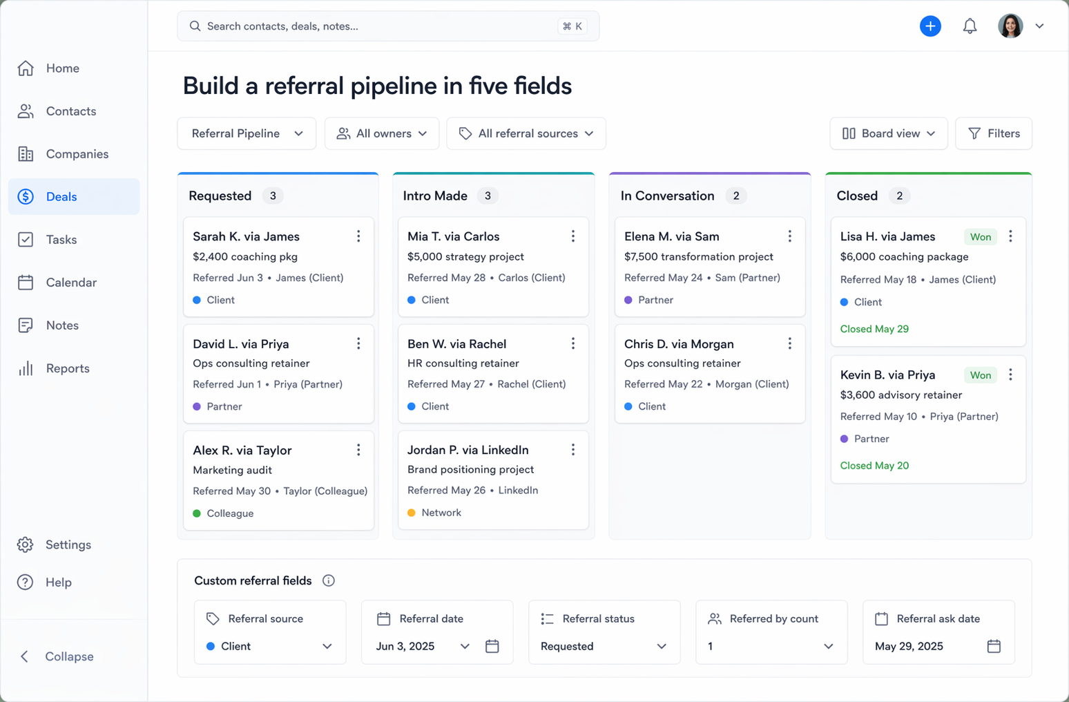 CRM pipeline view with four referral stages — Requested, Intro Made, In Conversation, and Closed — showing deal cards with referral source names and values.