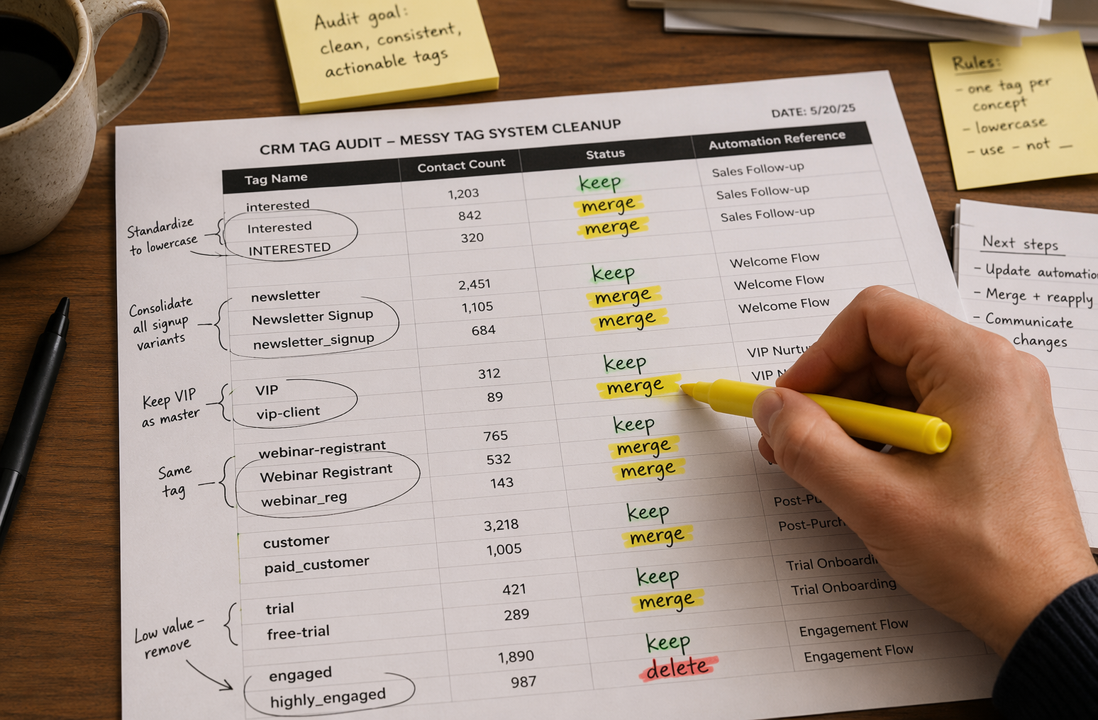 CRM tag audit worksheet with columns for tag name, status (keep, merge, delete), contact count, and automation references.