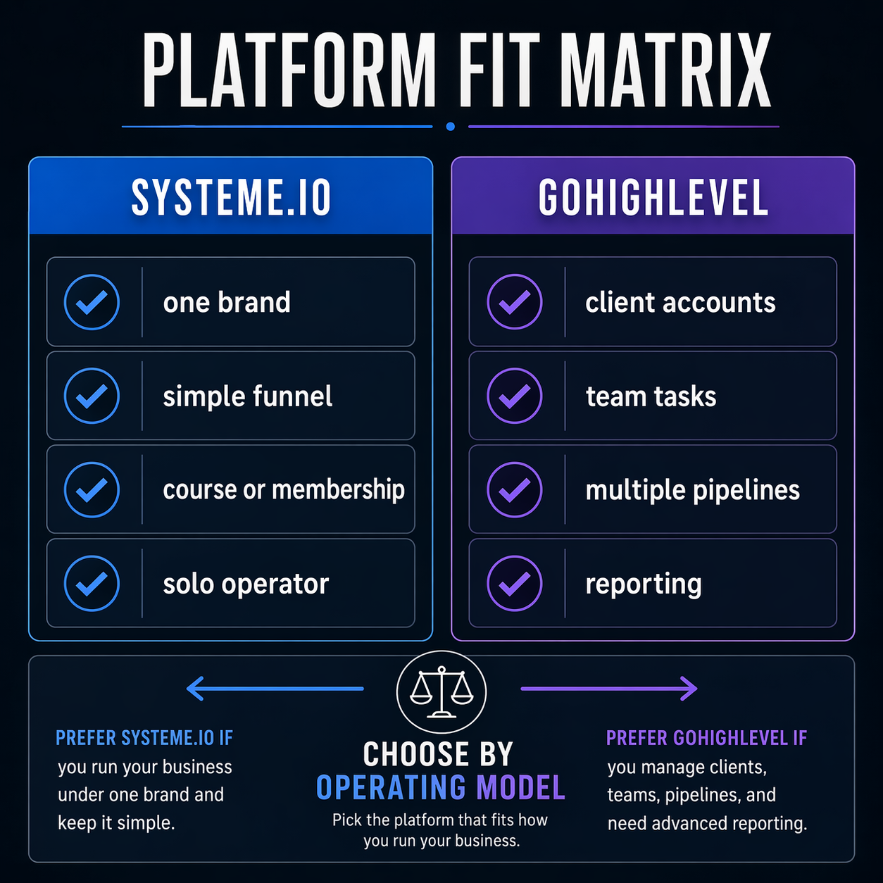 Decision matrix showing when Systeme.io fits a creator model and when GoHighLevel fits an agency model.